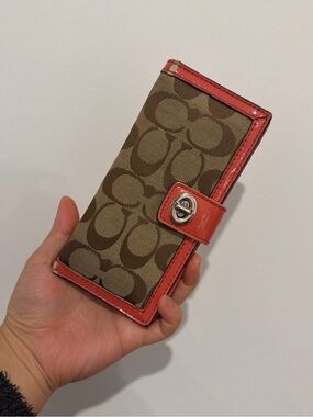 Coach Signature Canvas Wallet with Coral Trim